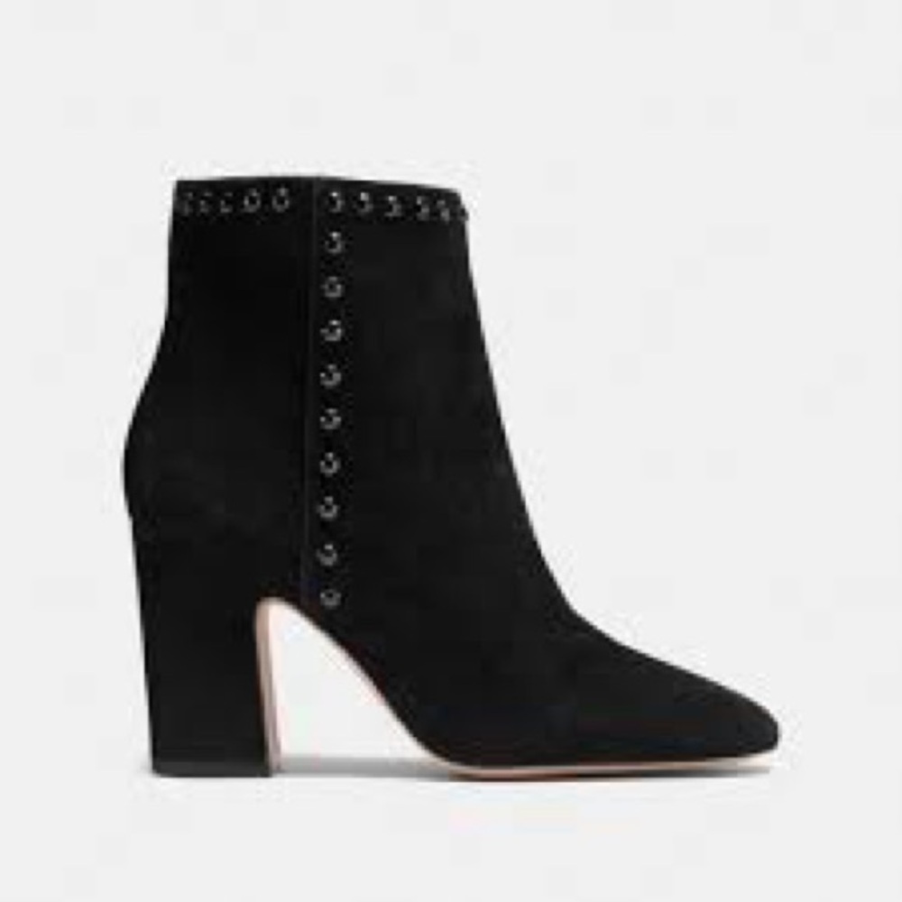 Coach Women’s Felicia Bootie Black Suede Stud Accents Heels Sexy Rivets Size 6.5